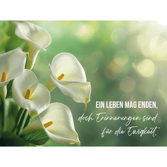 Dekoschild 20 x 15 cm – Zarte Calla - Lilien – „Ein Leben mag enden …“ - meine - gedenktafel.de