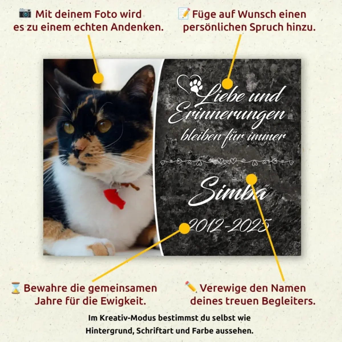 Personalisierte Gedenktafel für Katzen - meine - gedenktafel.de